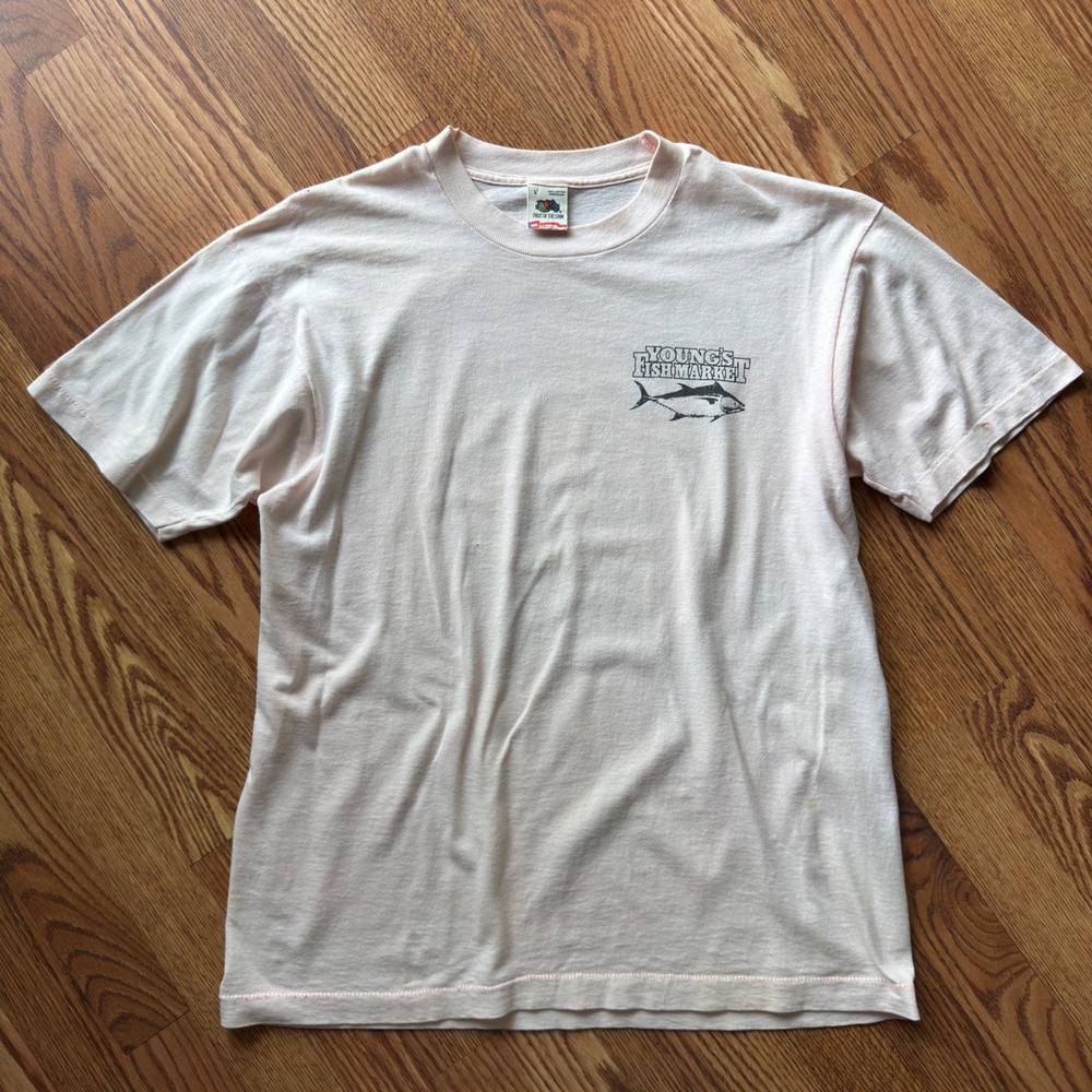 Vintage Fruit of the Loom Young's Fishmarket Tee Men's L Pink 90s Single Stitch